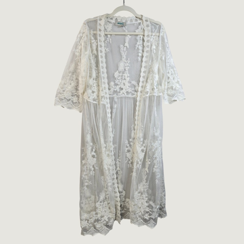 Floral Embroidered Lace Duster Kimono S/M White Sheer Bohemian Cover Up Cardigan